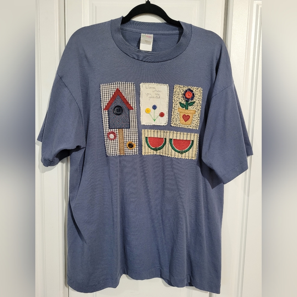 Vintage Fruit Of The Loom T-Shirt with Patchwork Button Design, Size XL